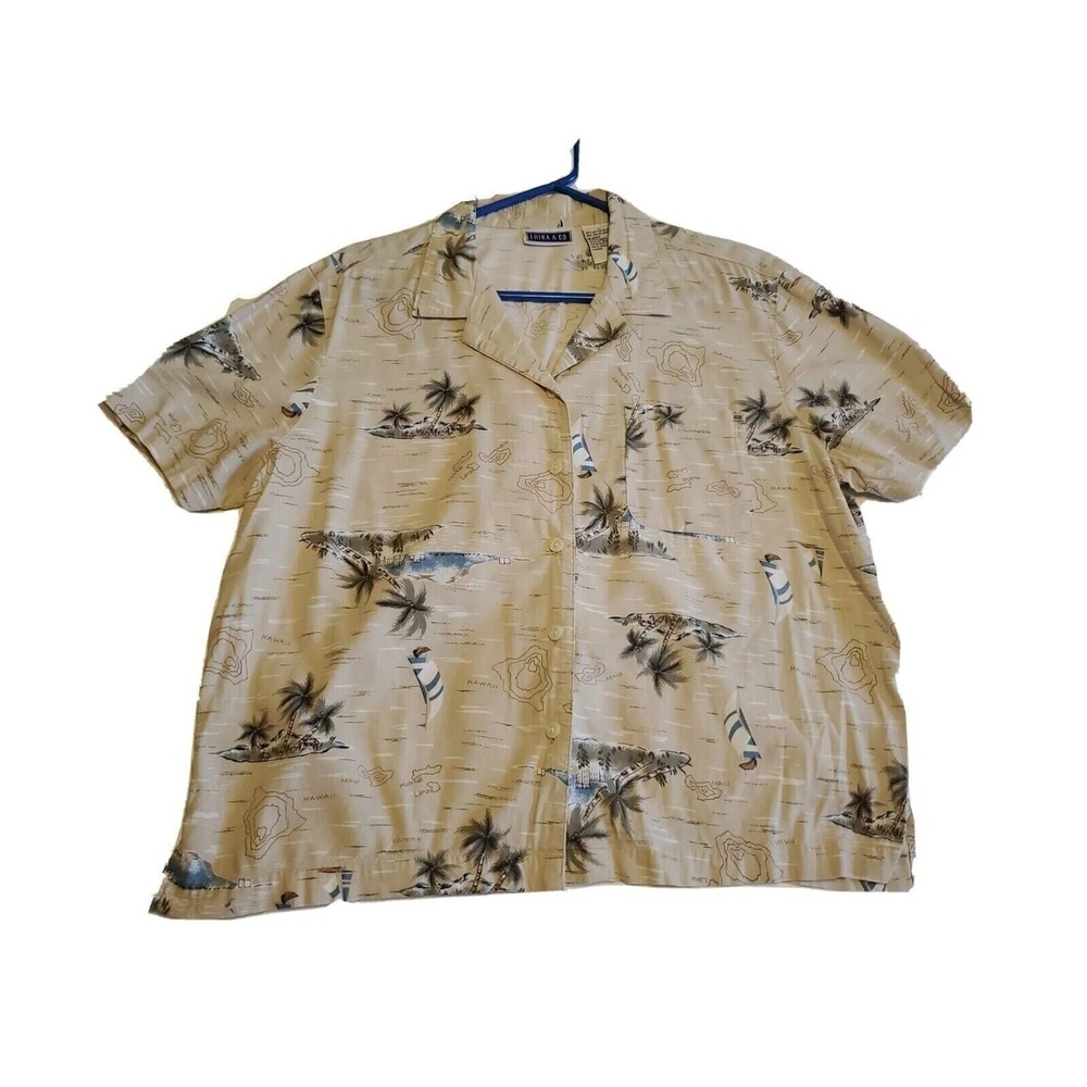 Mens Sz  Lg Hawaiian Button Front Top Tropical Palm Trees Lightweight Erika & Co